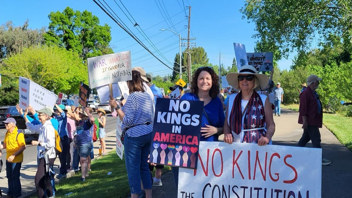 No Kings in America: Chapter Members with Handcrafted Constitutional Rights Banner